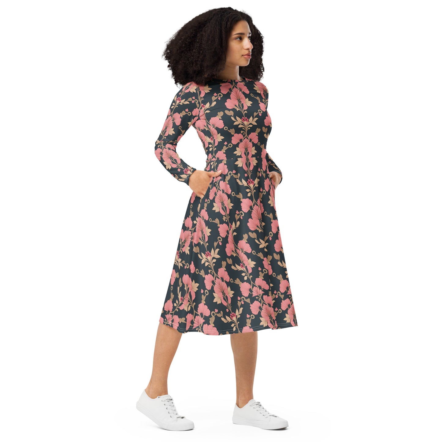 All-over print long sleeve midi dress