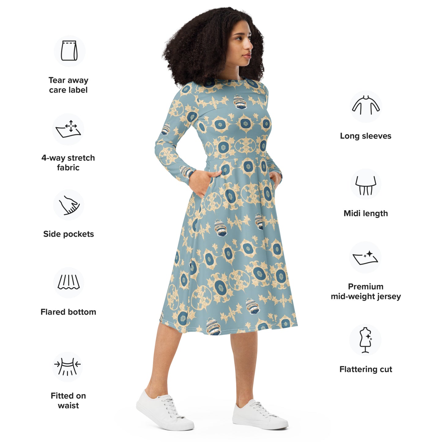 All-over print long sleeve midi dress