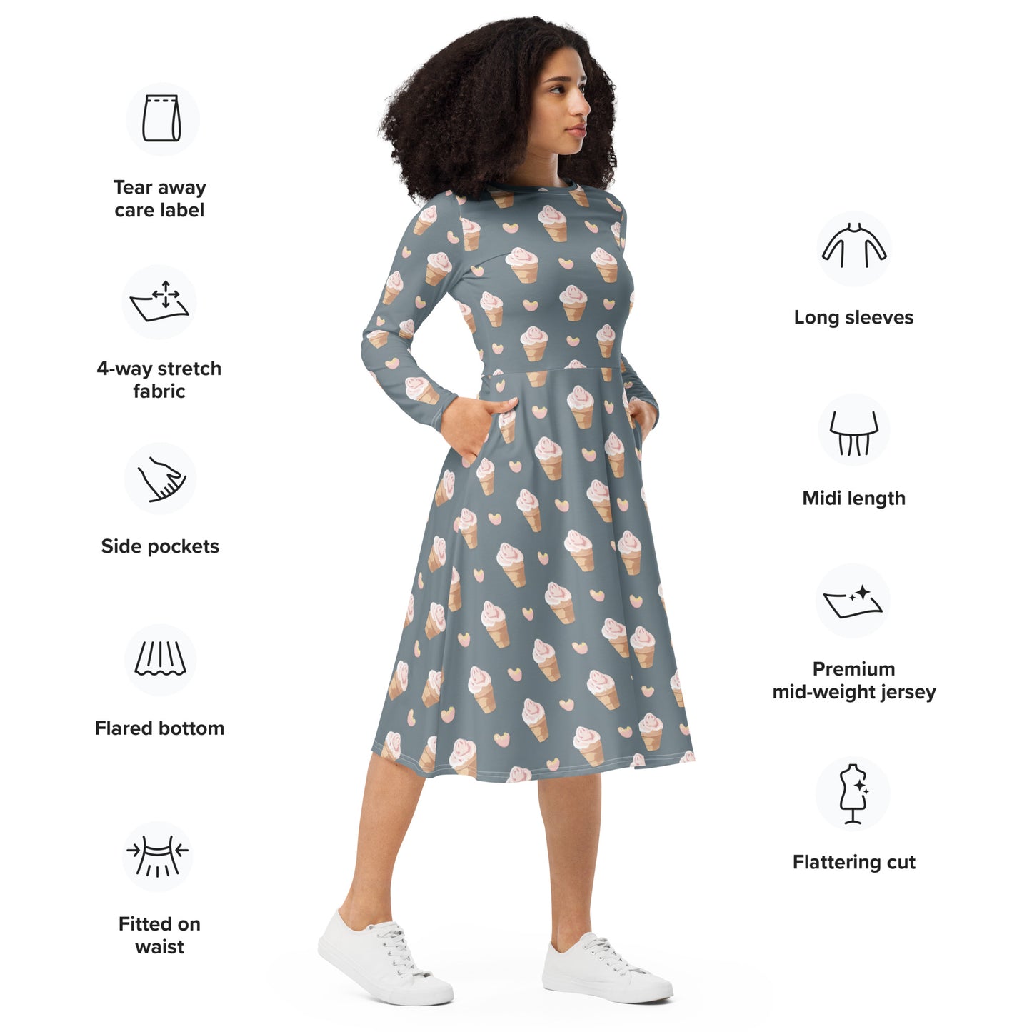 All-over print long sleeve midi dress