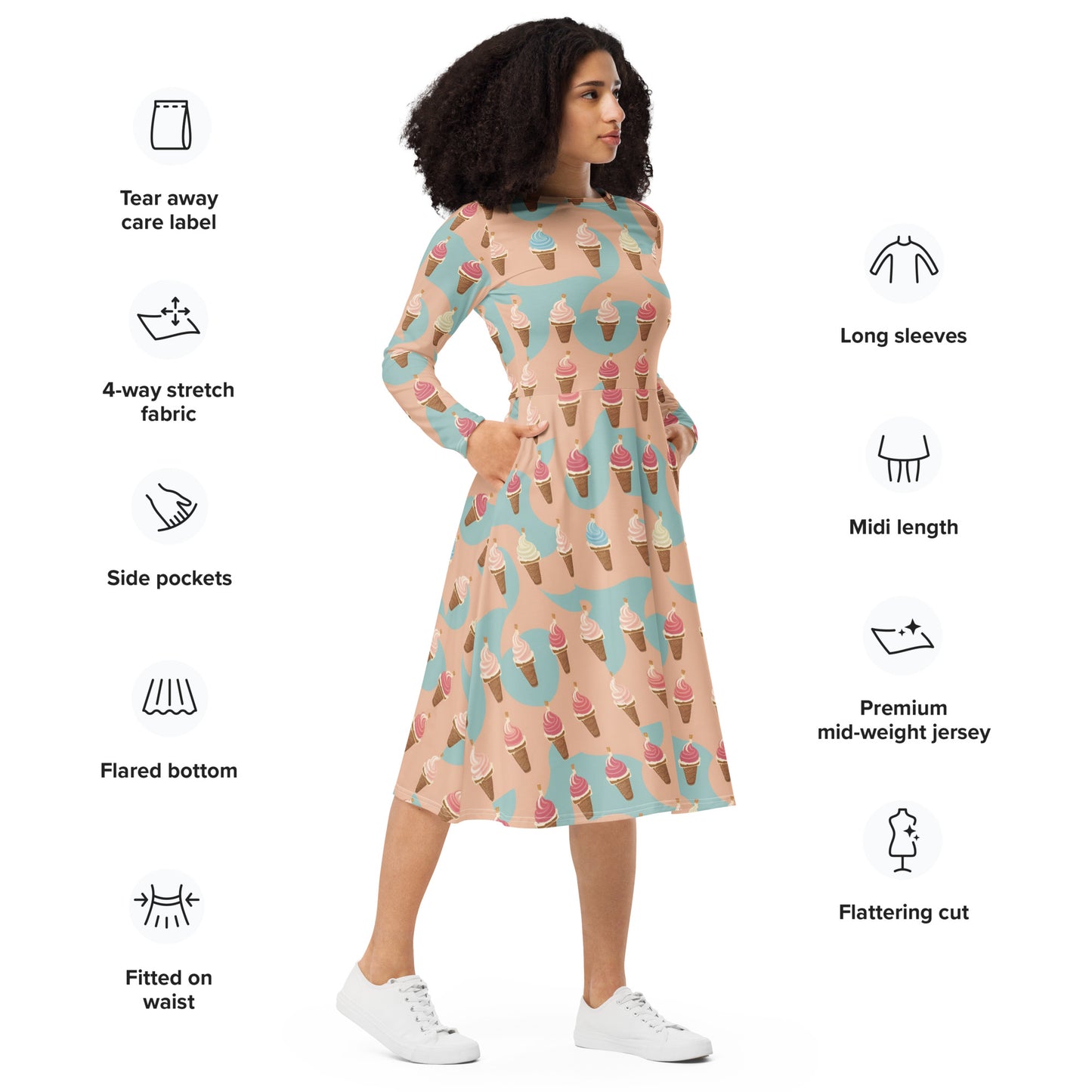 All-over print long sleeve midi dress