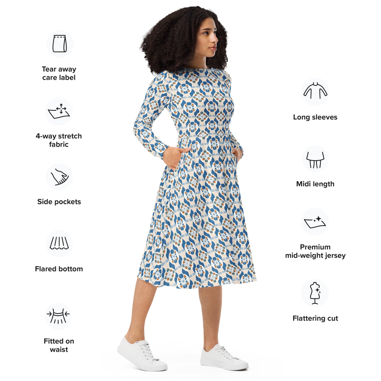 All-over print long sleeve midi dress