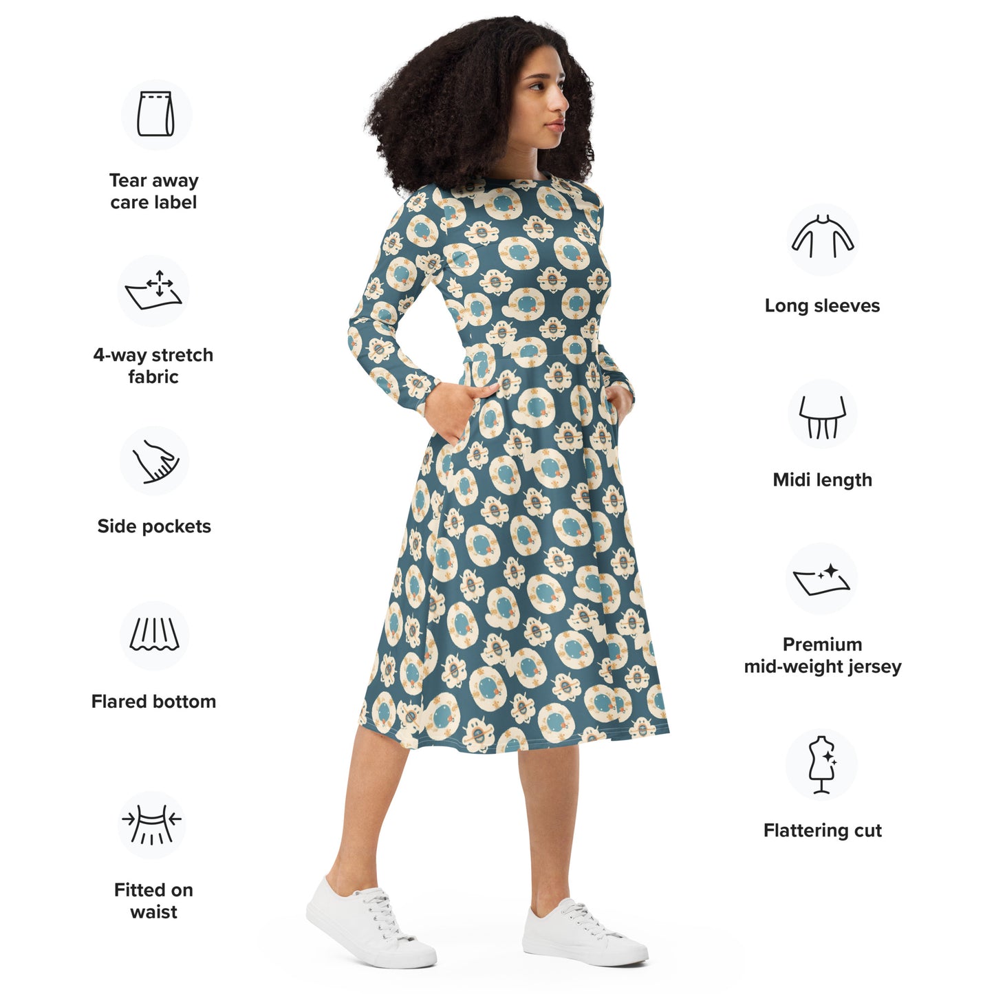 All-over print long sleeve midi dress