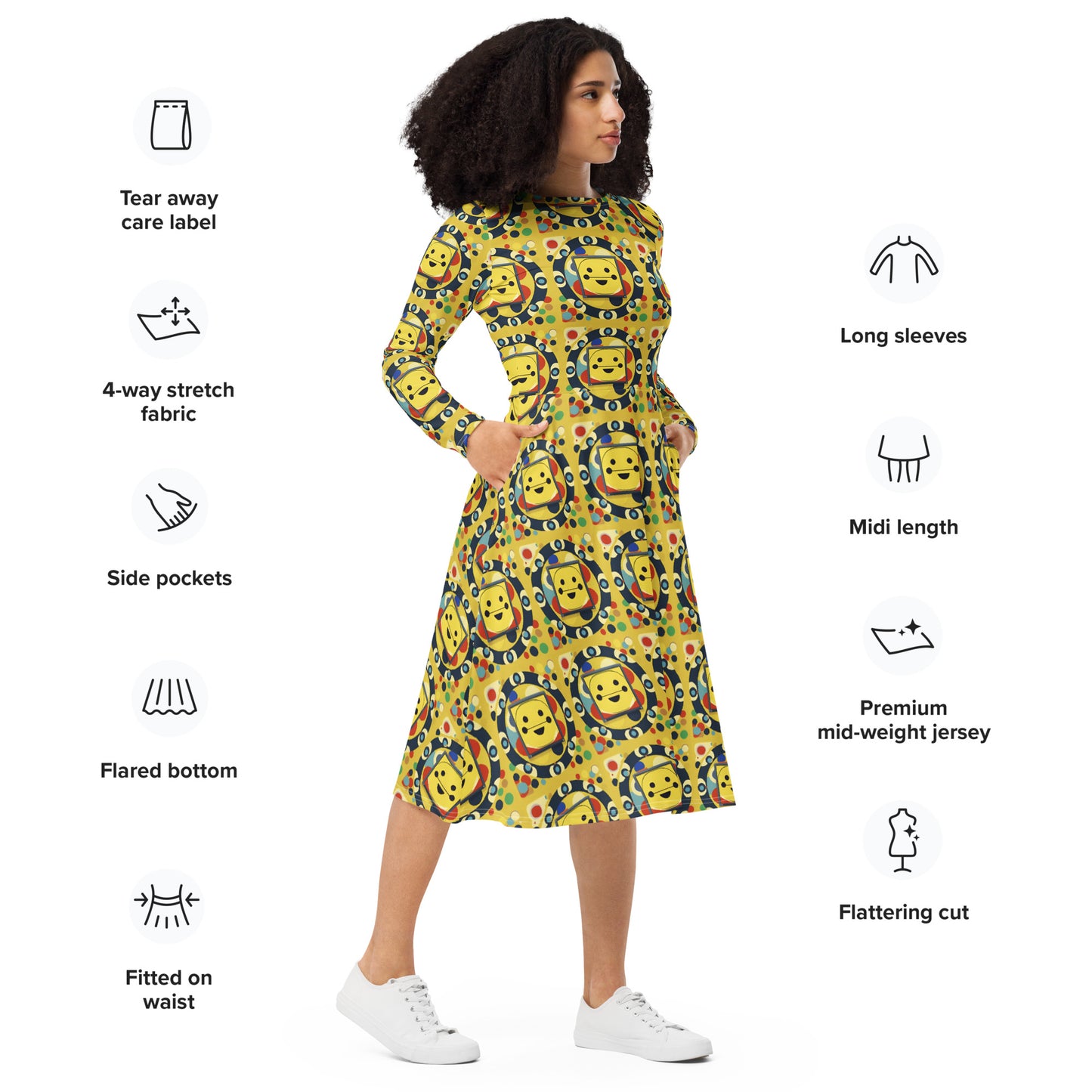 All-over print long sleeve midi dress