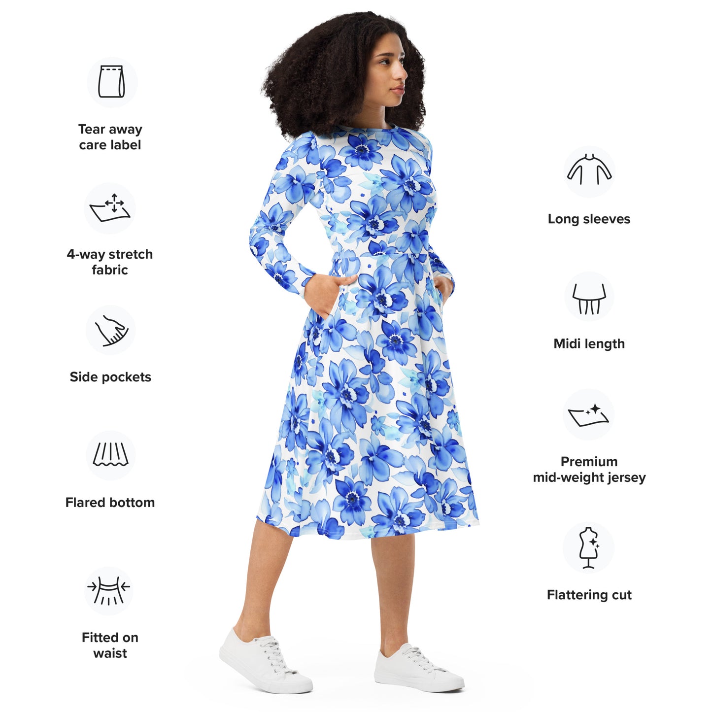 All-over print long sleeve midi dress