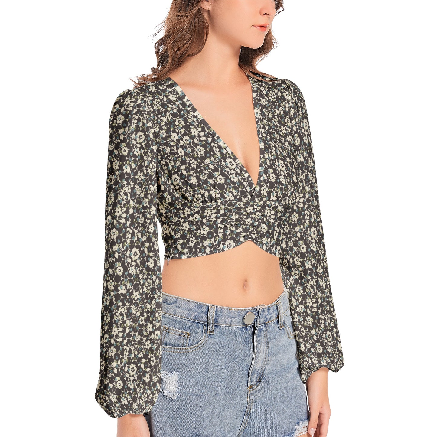 Women's Deep V-Neck Lantern Sleeve Crop Top