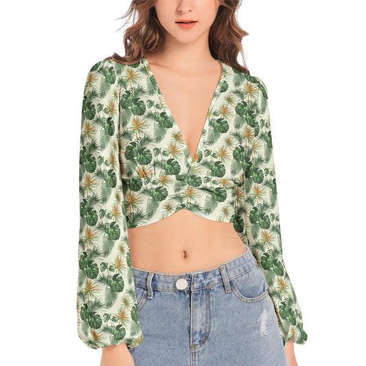 Women's Deep V-Neck Lantern Sleeve Crop Top