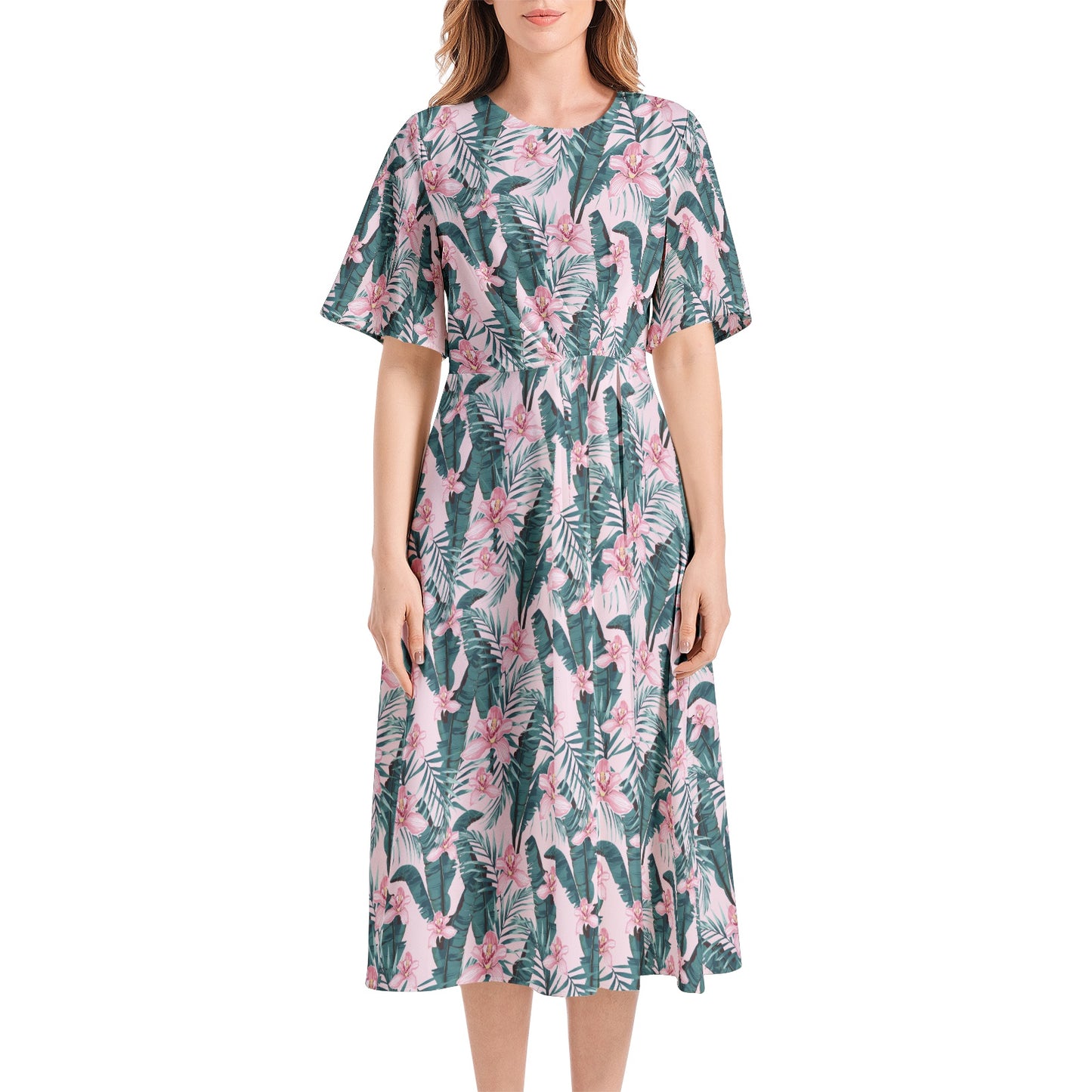 Short Sleeve Waist Folding Midi Dress