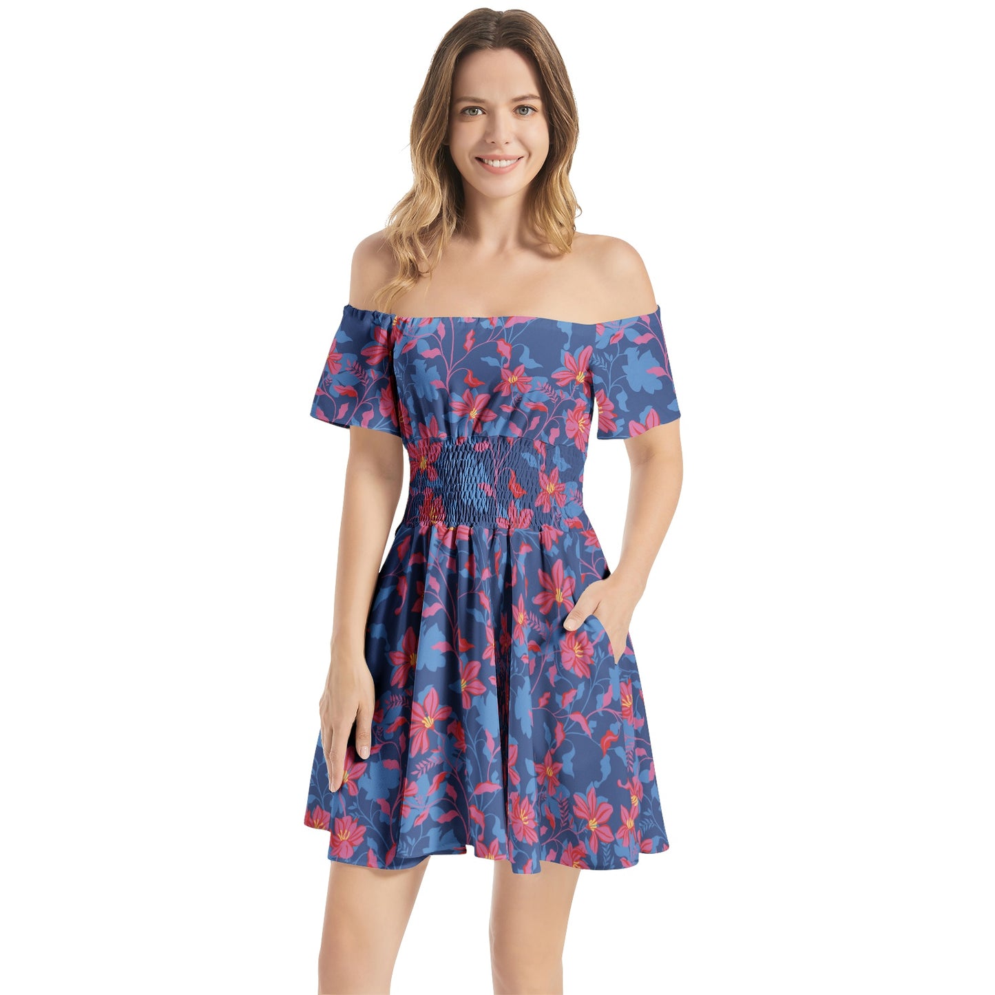 Off Shoulder Shirred Waist Flared Mini Dress