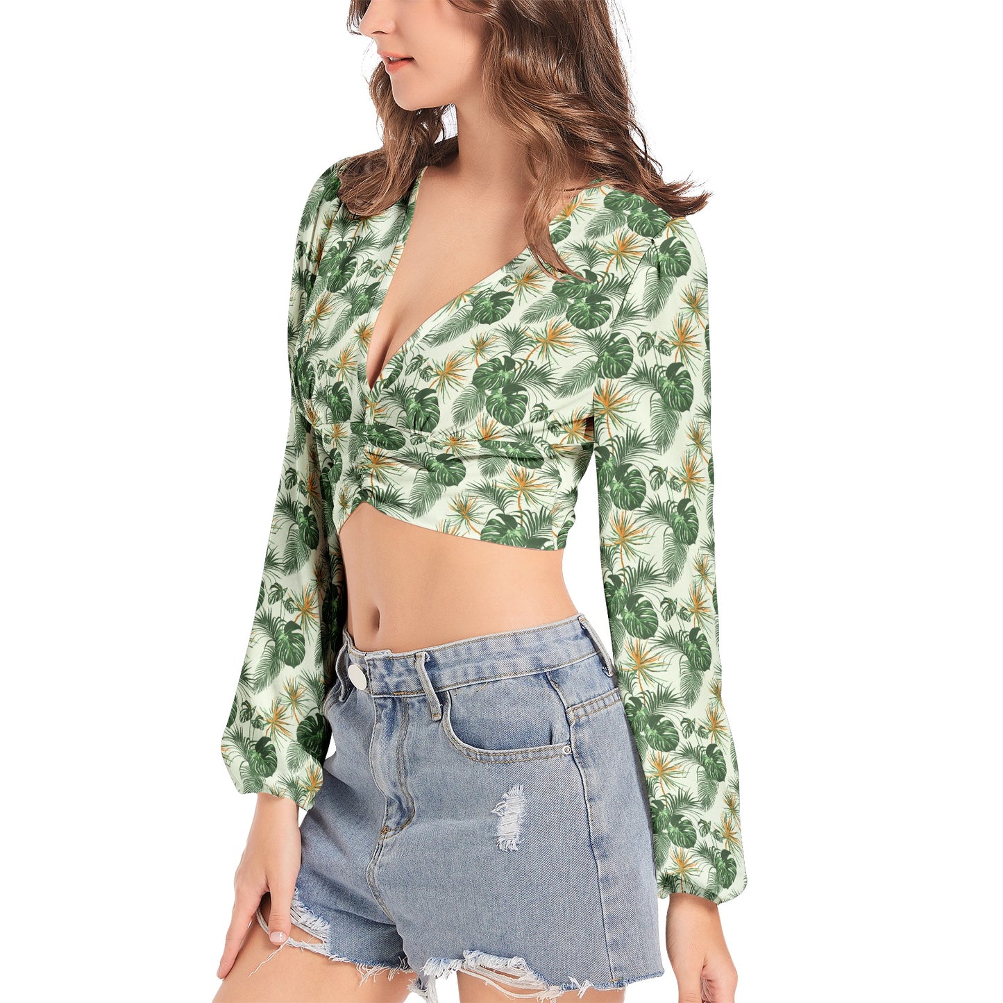 Women's Deep V-Neck Lantern Sleeve Crop Top