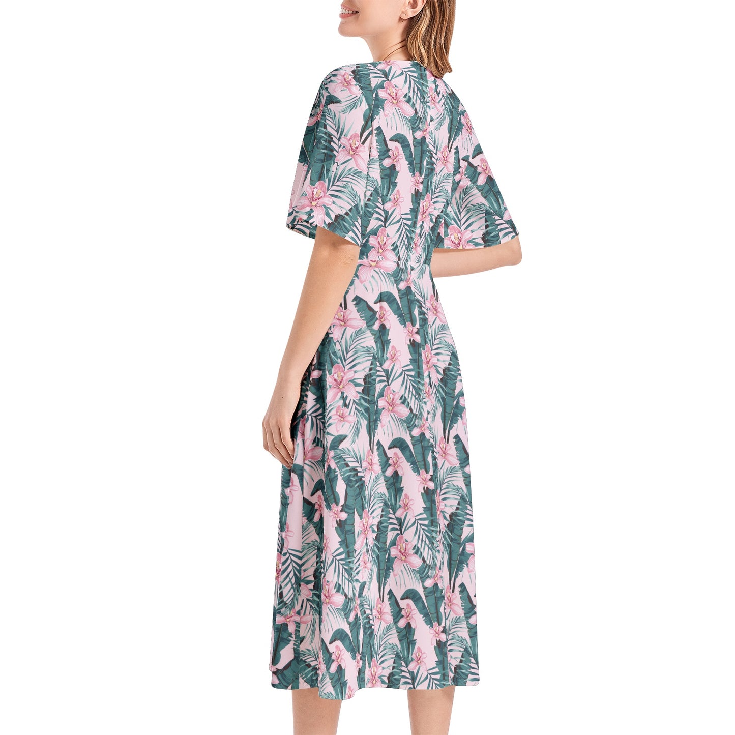 Short Sleeve Waist Folding Midi Dress