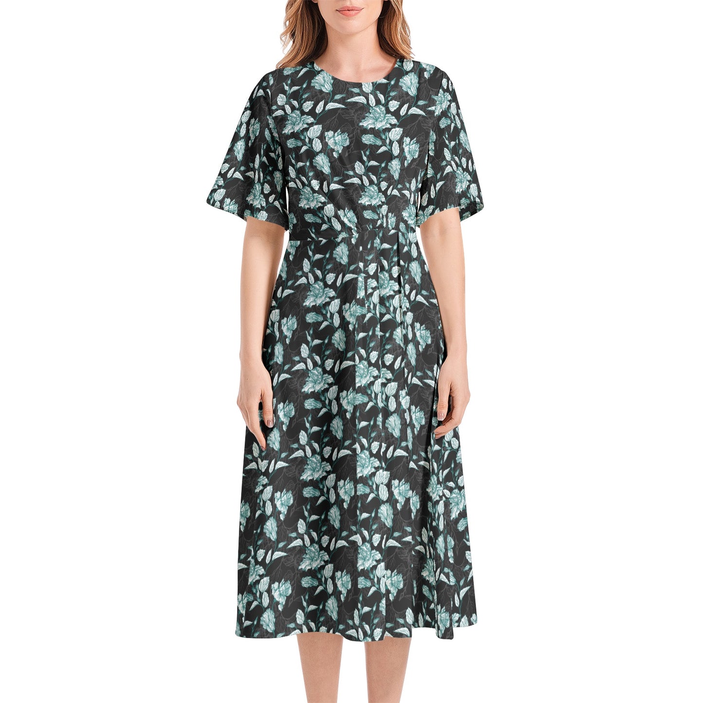 Short Sleeve Waist Folding Midi Dress