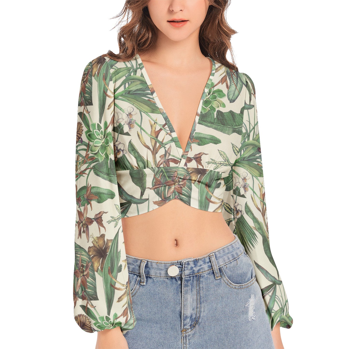 Women's Deep V-Neck Lantern Sleeve Crop Top