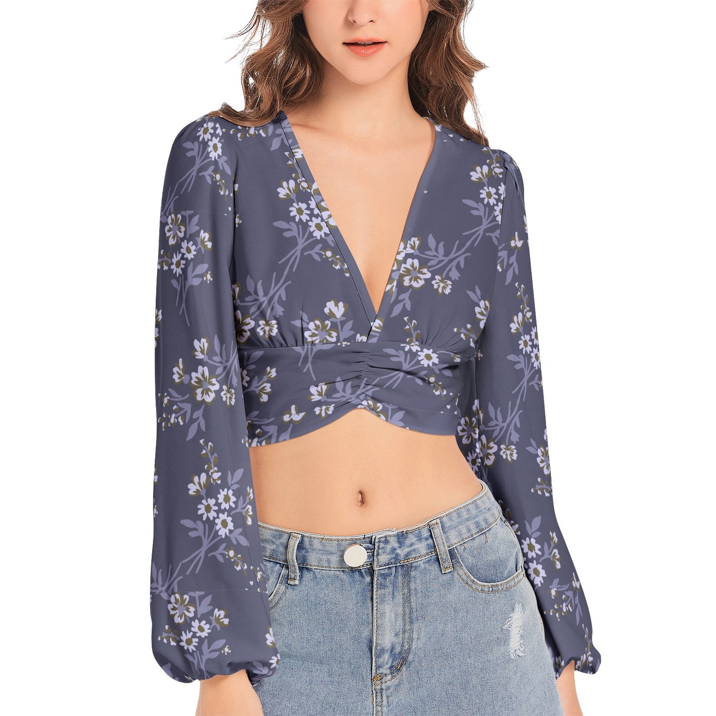 Women's Deep V-Neck Lantern Sleeve Crop Top