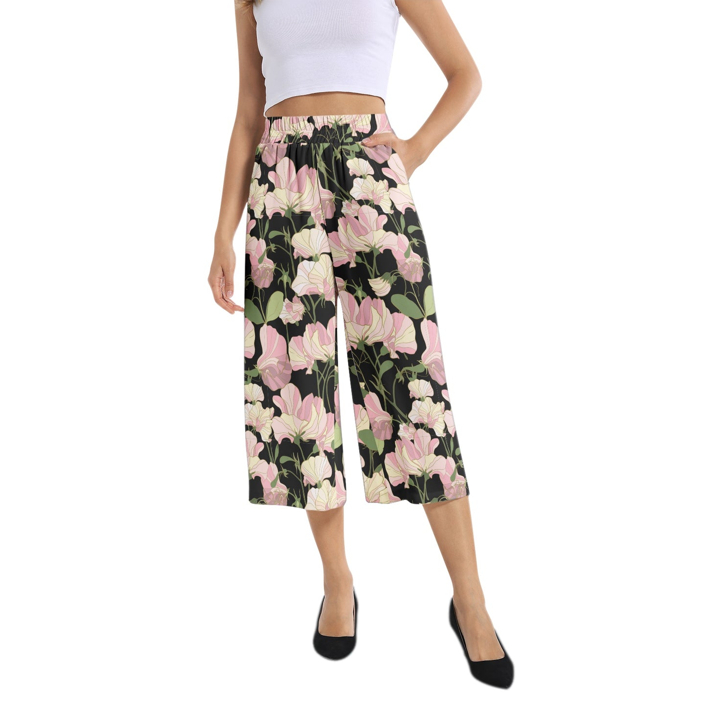 Elastic Waist Capris Wide Leg Pant