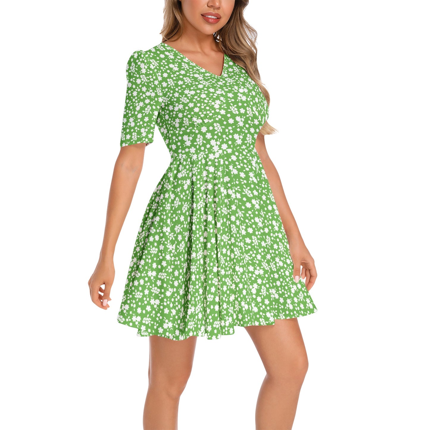 Short Sleeve Ruched Bust Flared Hem Dress