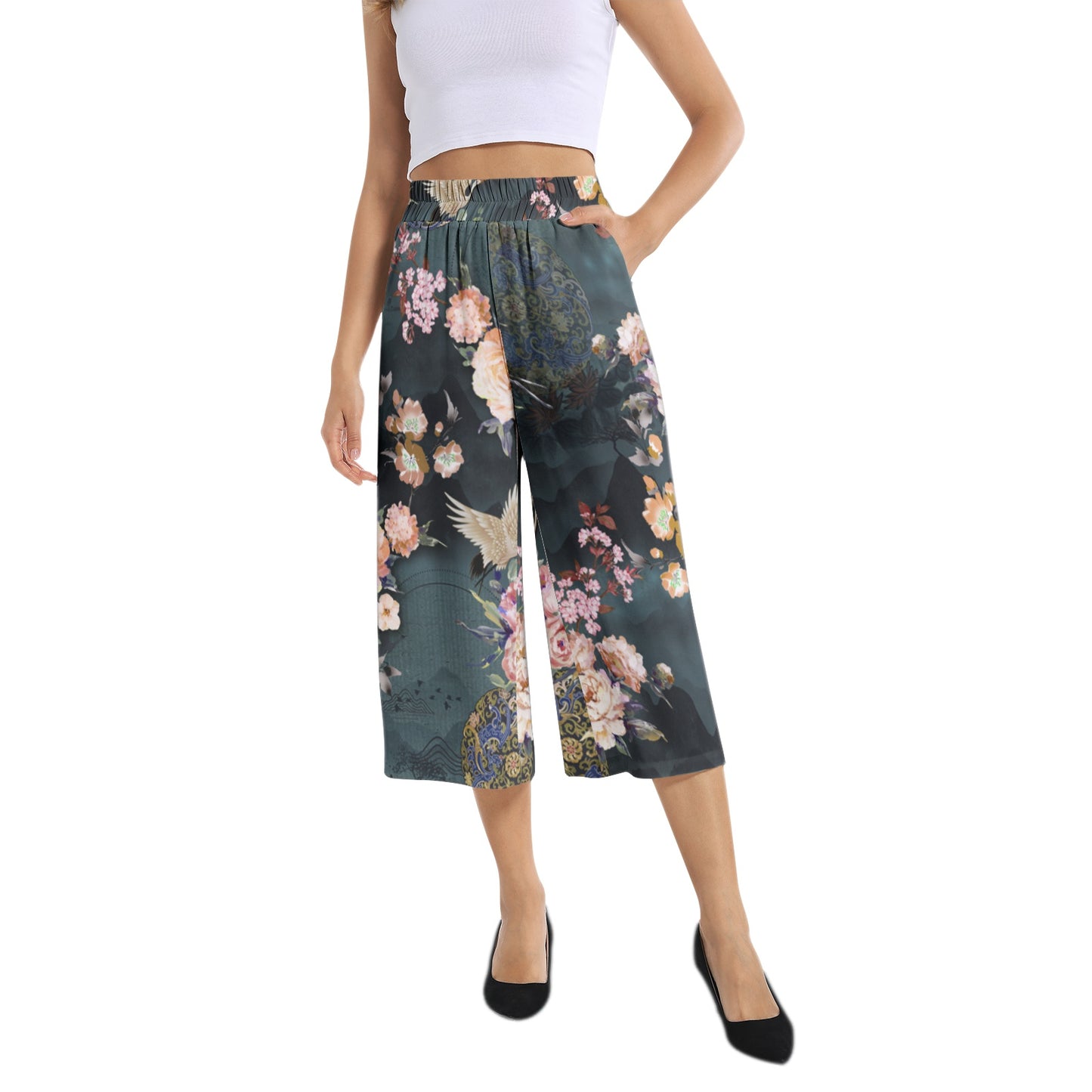 Elastic Waist Capris Wide Leg Pant