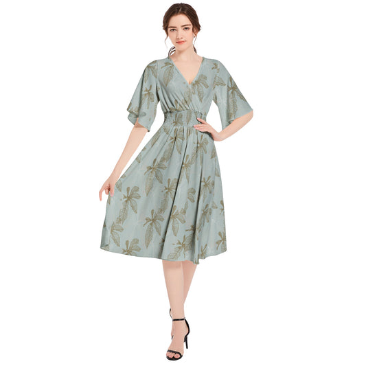 Butterfly Sleeve Shirred High Waist A Line Midi Dress