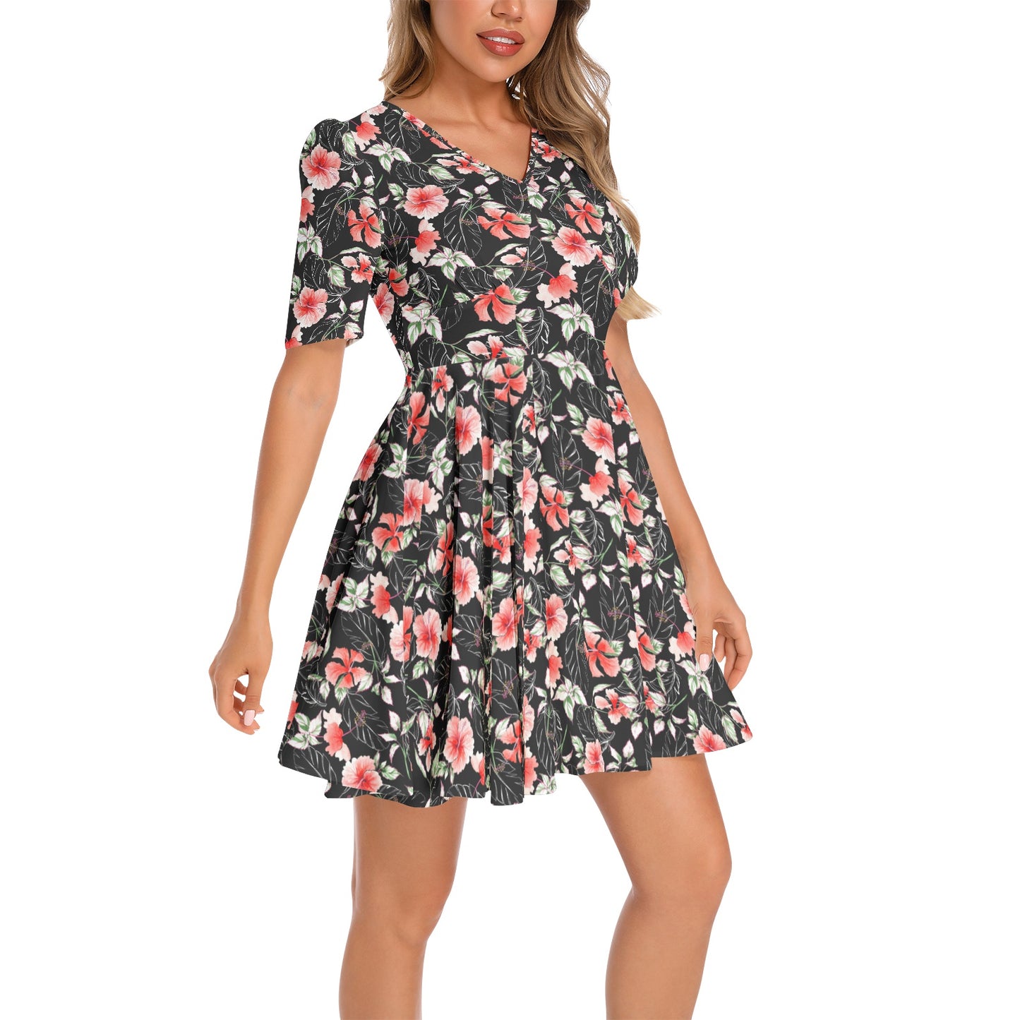 Short Sleeve Ruched Bust Flared Hem Dress