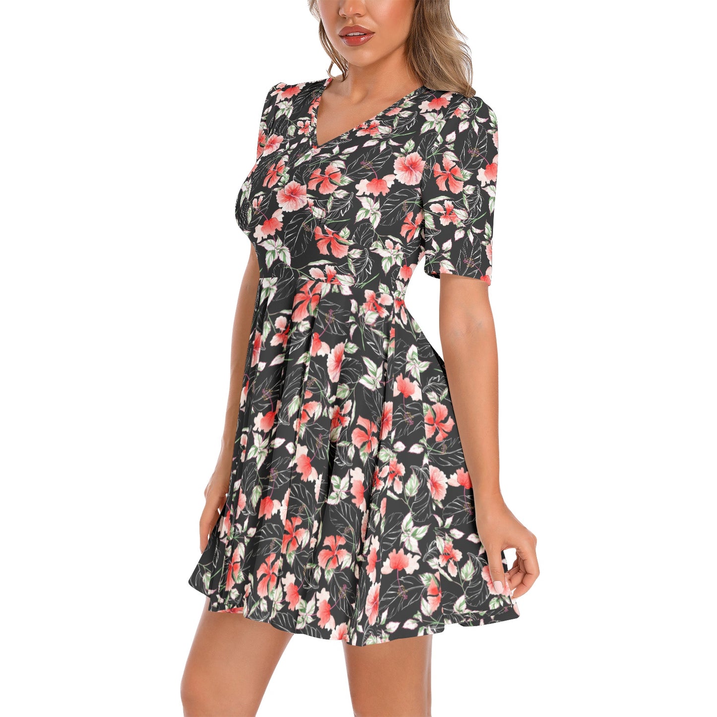 Short Sleeve Ruched Bust Flared Hem Dress