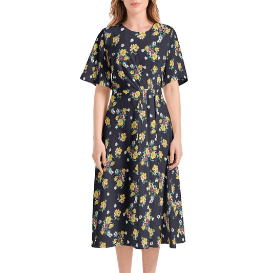 Short Sleeve Waist Folding Midi Dress