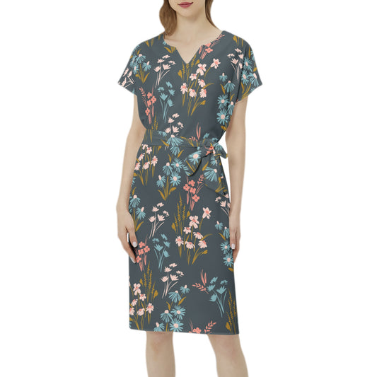 Betwing Seleeve Notch Neck Casual Dress with Belt