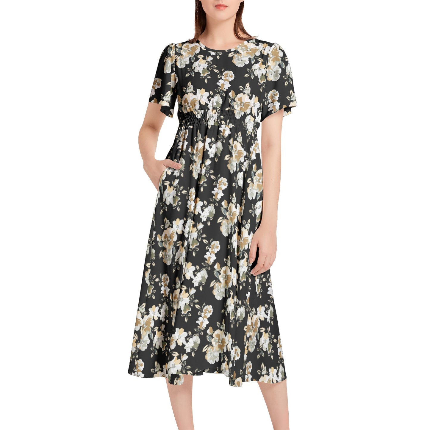 Short Sleeve Shirred Waist Midi Dress