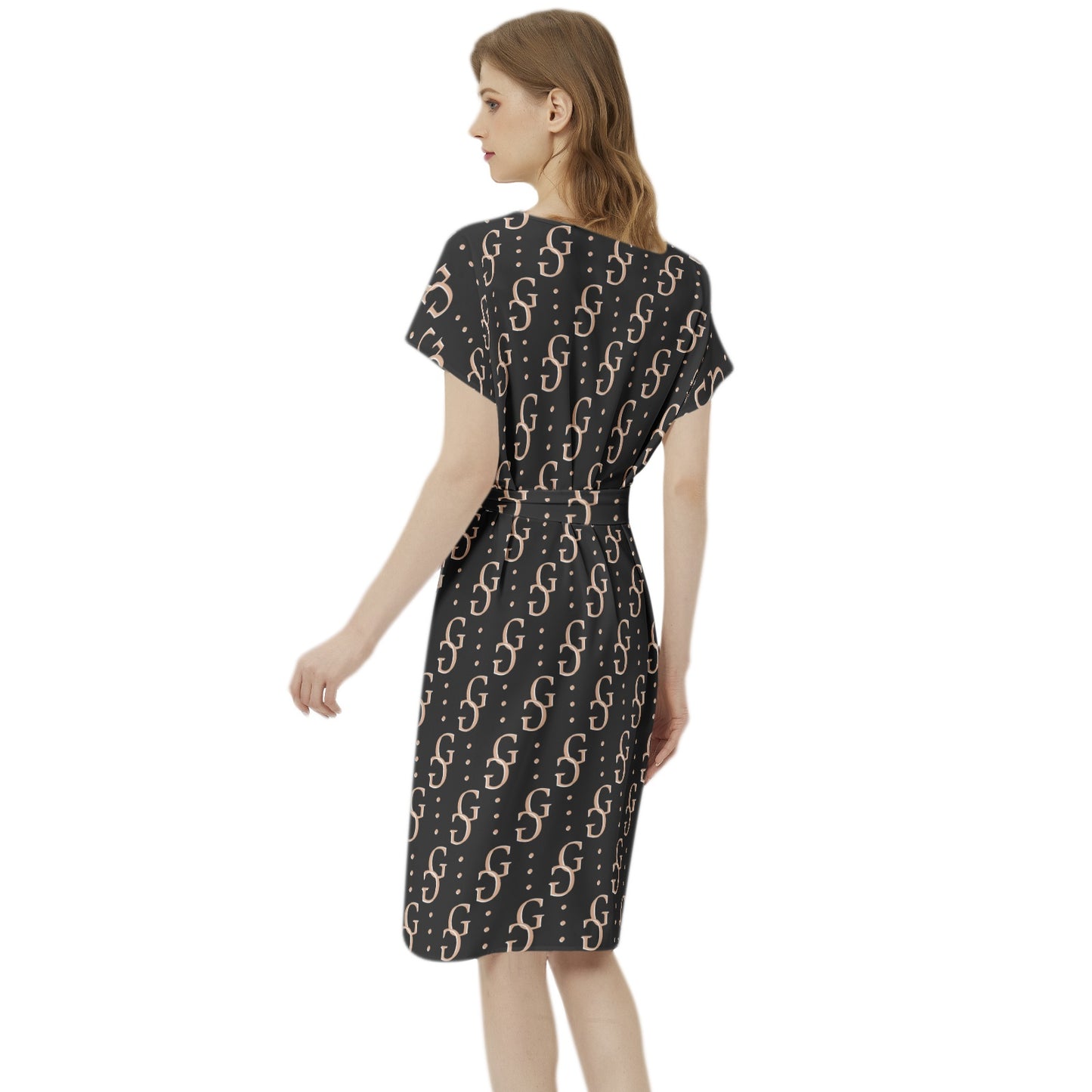 Betwing Seleeve Notch Neck Casual Dress with Belt