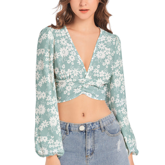 Women's Deep V-Neck Lantern Sleeve Crop Top