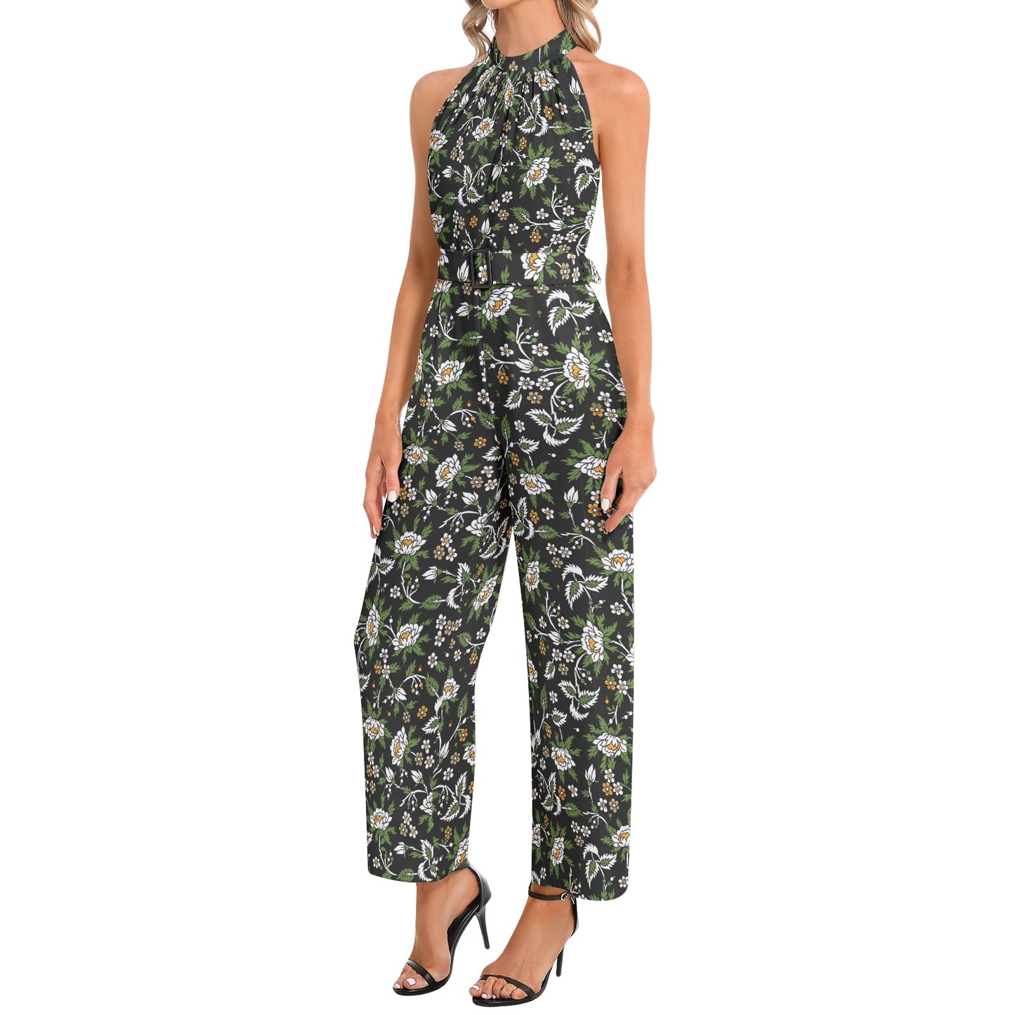 Halter Neck Buckle Belted Jumpsuit