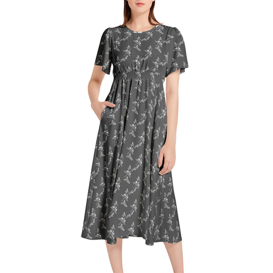 Short Sleeve Shirred Waist Midi Dress