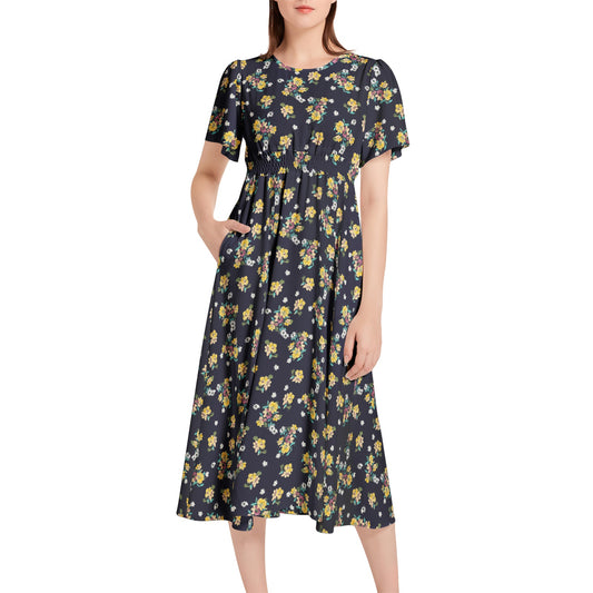 Short Sleeve Shirred Waist Midi Dress