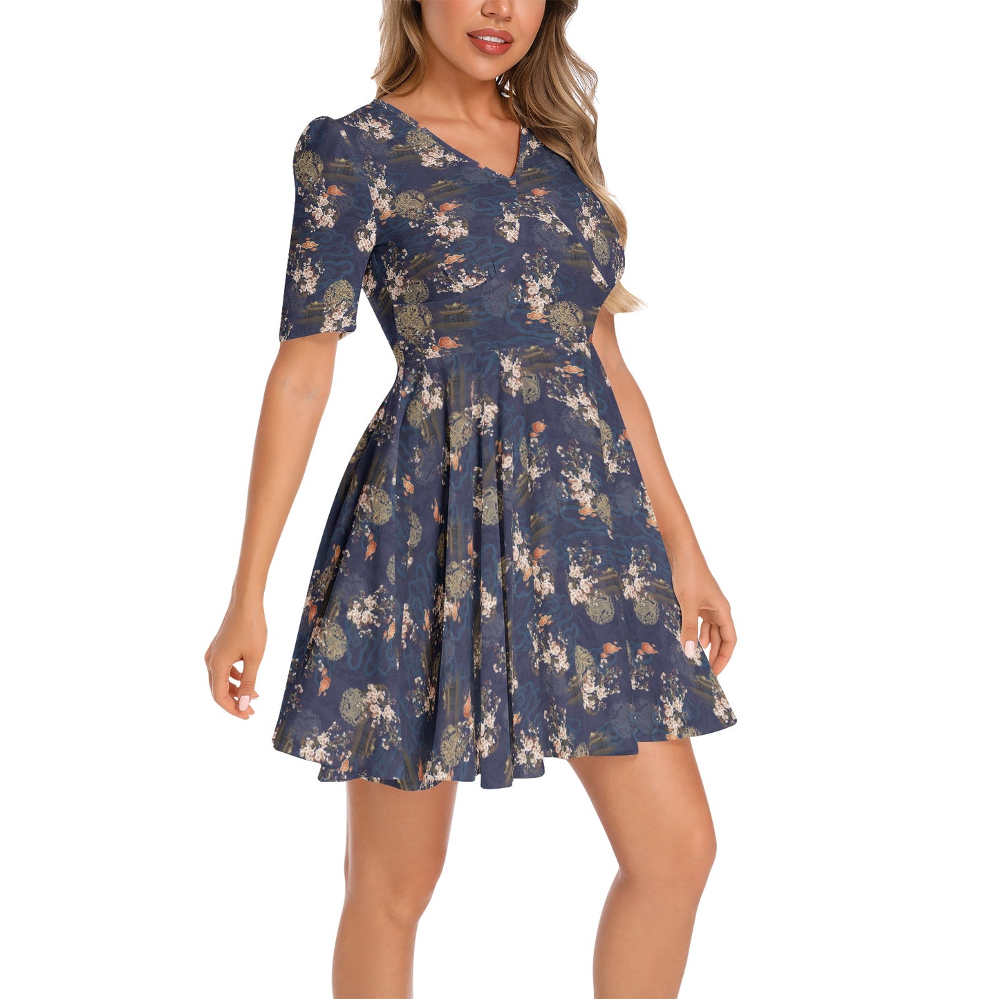 Short Sleeve Ruched Bust Flared Hem Dress