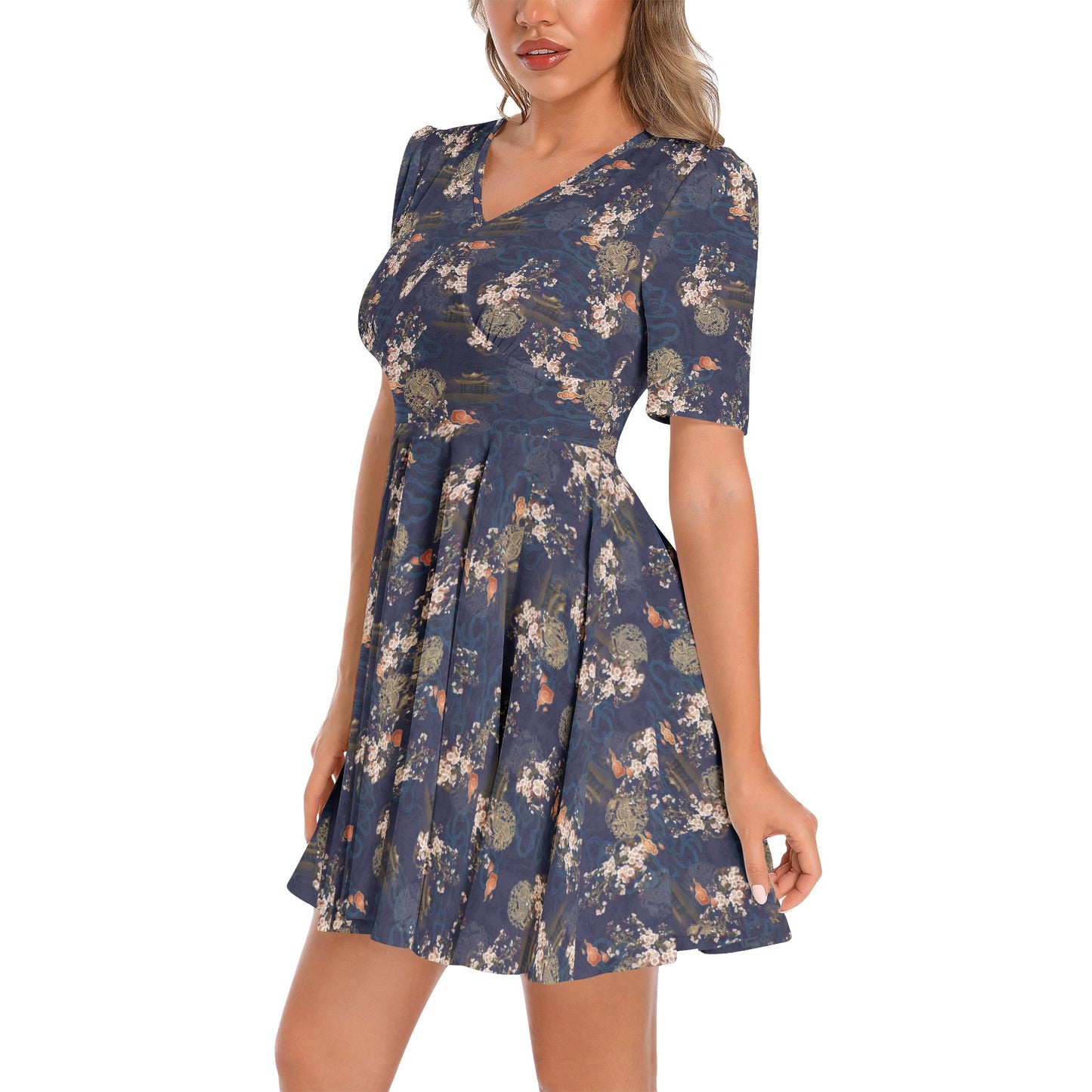 Short Sleeve Ruched Bust Flared Hem Dress