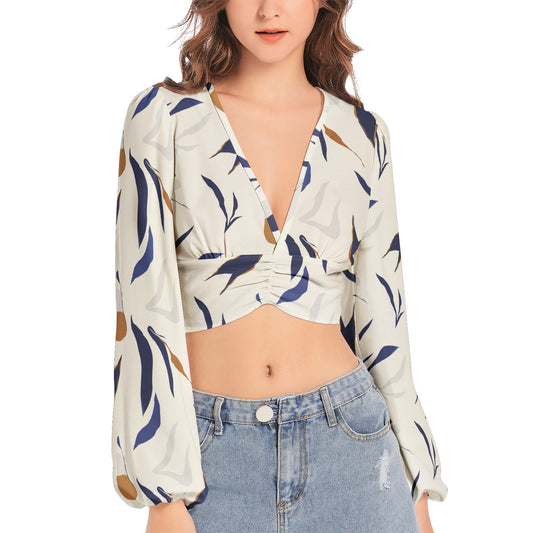 Women's Deep V-Neck Lantern Sleeve Crop Top