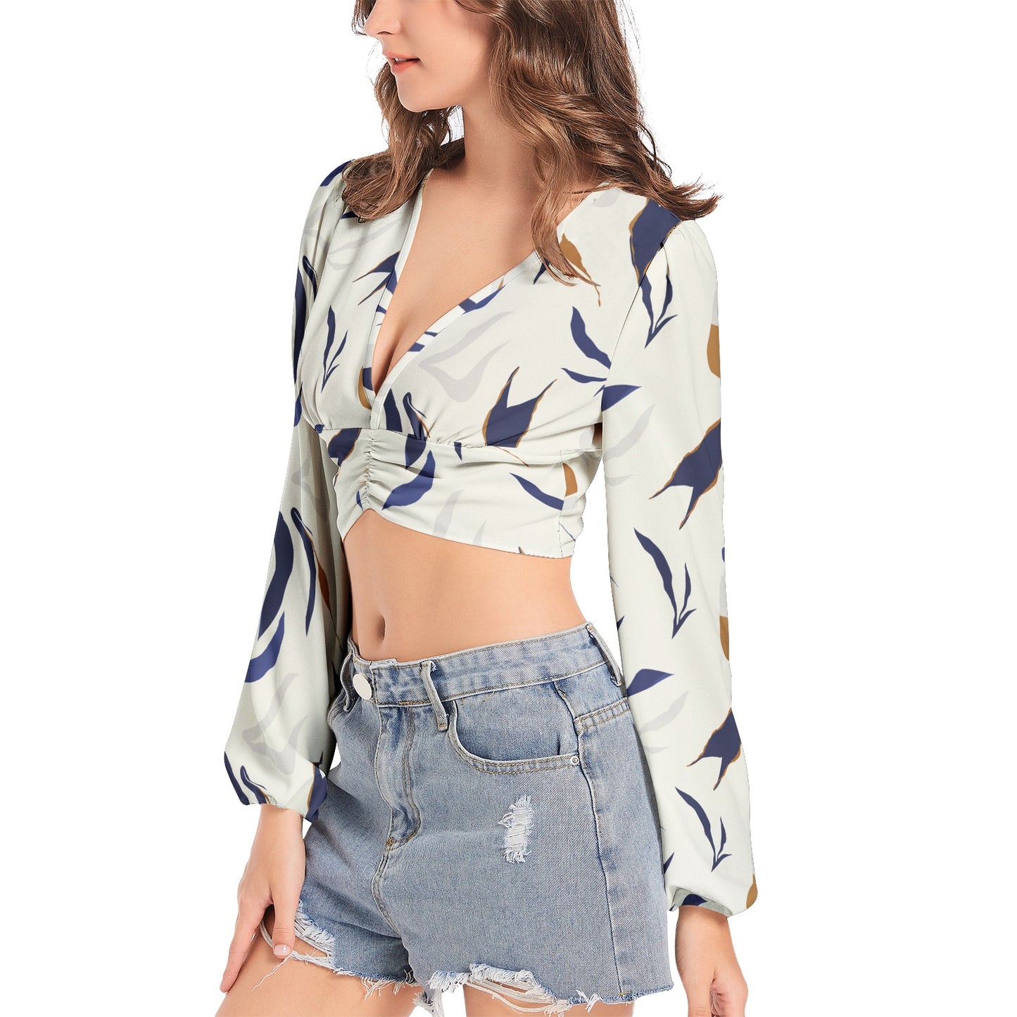 Women's Deep V-Neck Lantern Sleeve Crop Top