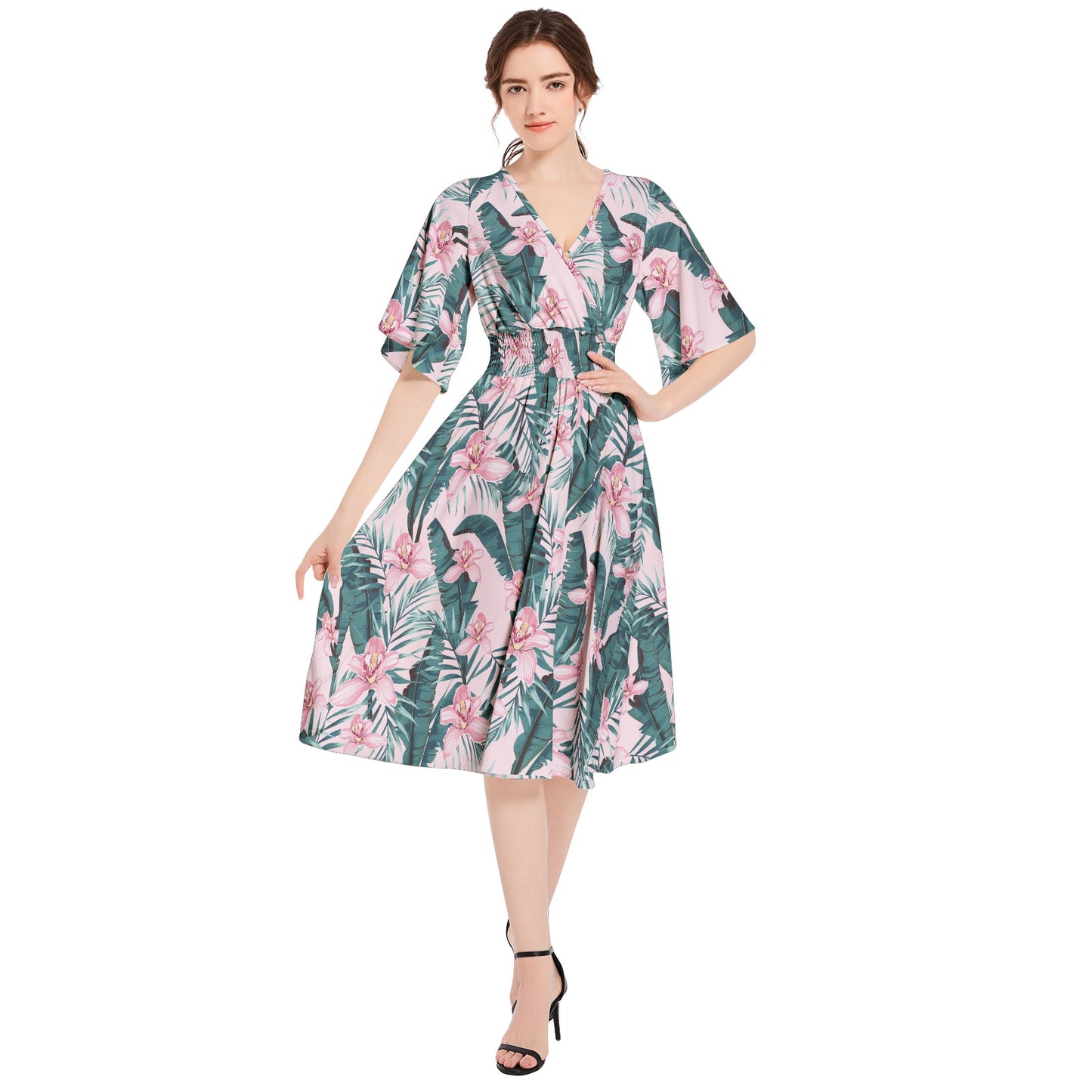 Butterfly Sleeve Shirred High Waist A Line Midi Dress