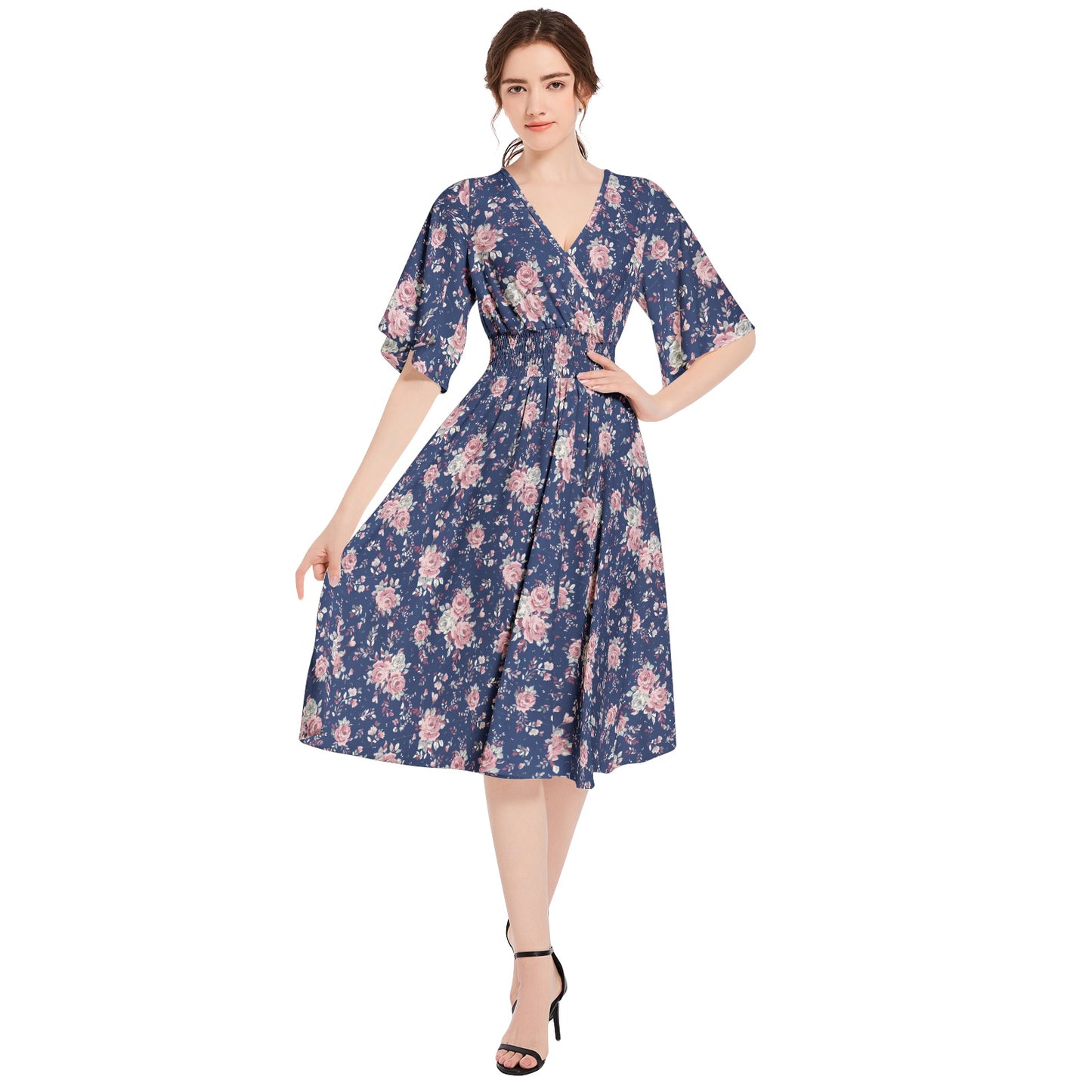 Butterfly Sleeve Shirred High Waist A Line Midi Dress