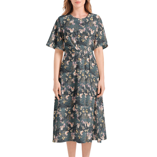 Short Sleeve Waist Folding Midi Dress