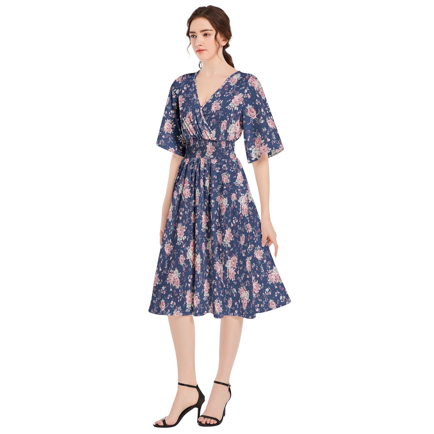 Butterfly Sleeve Shirred High Waist A Line Midi Dress