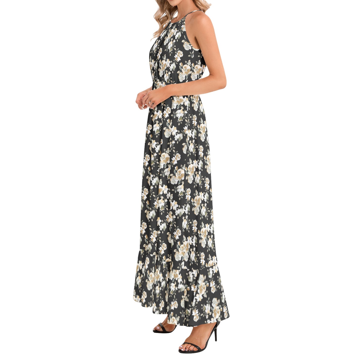 Ruffle Hem Halter Neck Maxi Dress