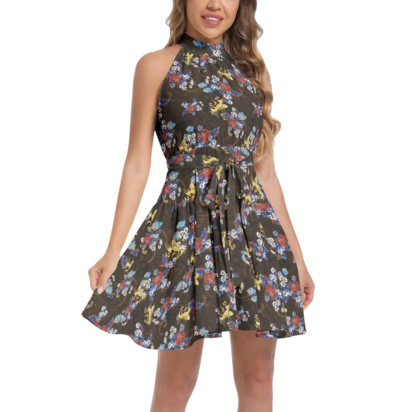 Ruffle Hem Belted Halter Dress