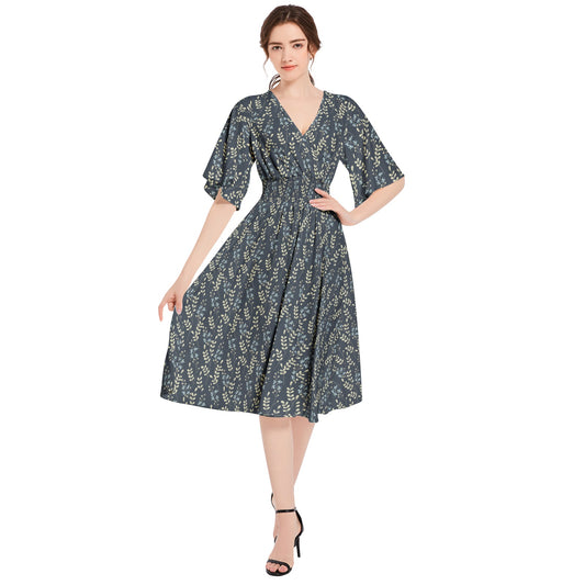 Butterfly Sleeve Shirred High Waist A Line Midi Dress