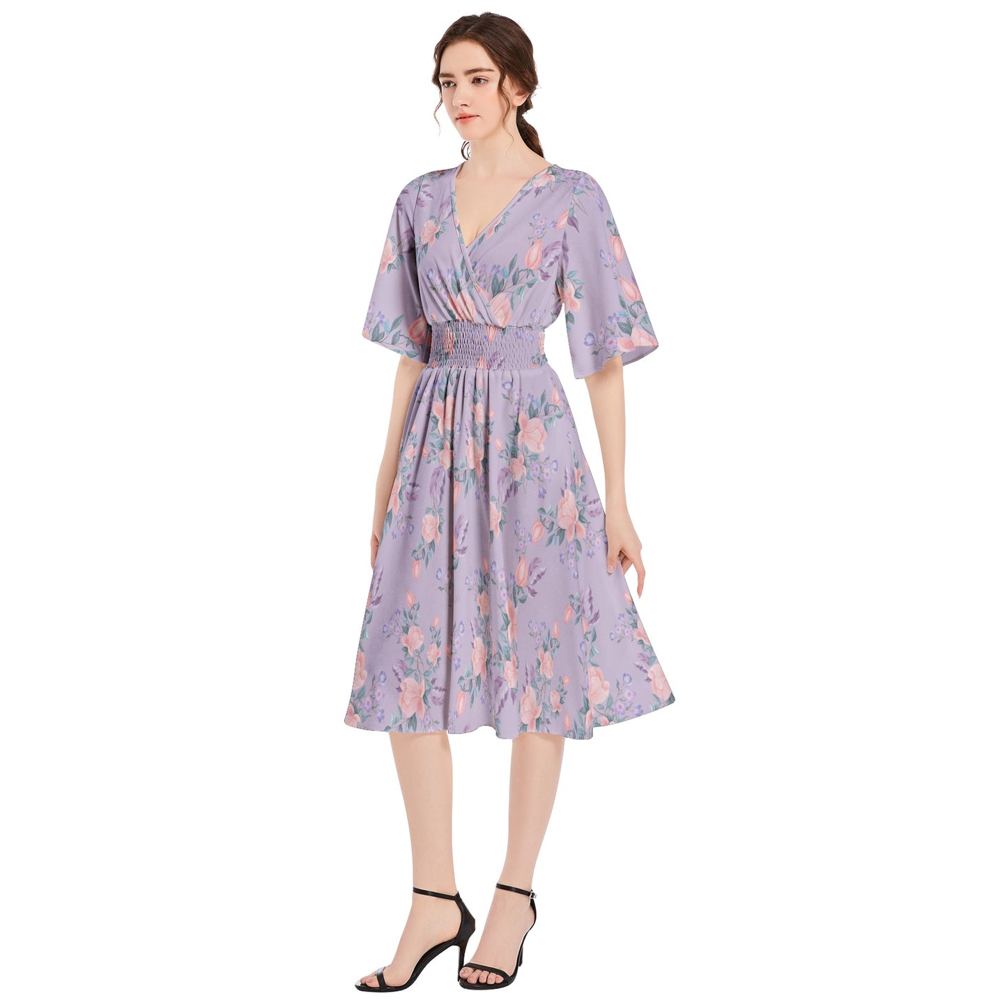 Butterfly Sleeve Shirred High Waist A Line Midi Dress