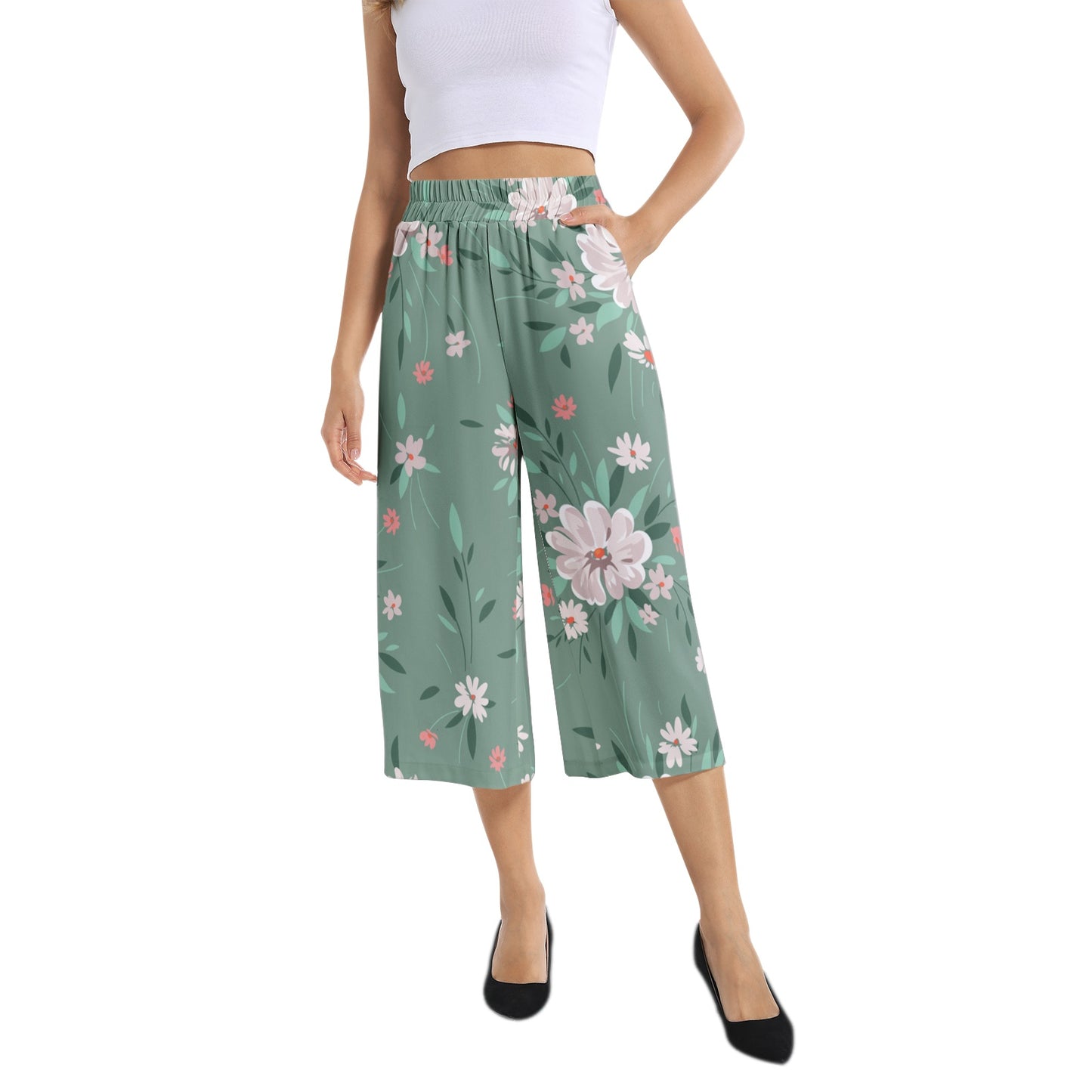 Elastic Waist Capris Wide Leg Pant