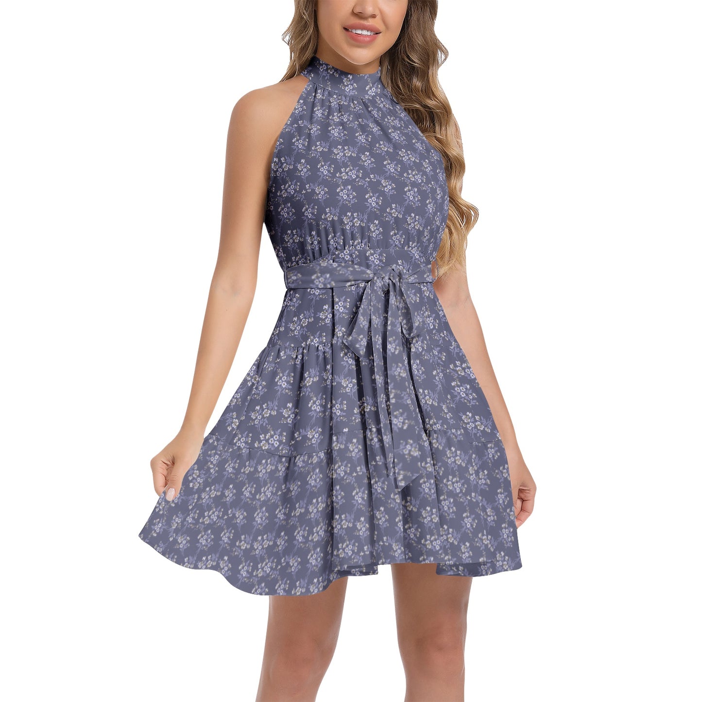 Ruffle Hem Belted Halter Dress