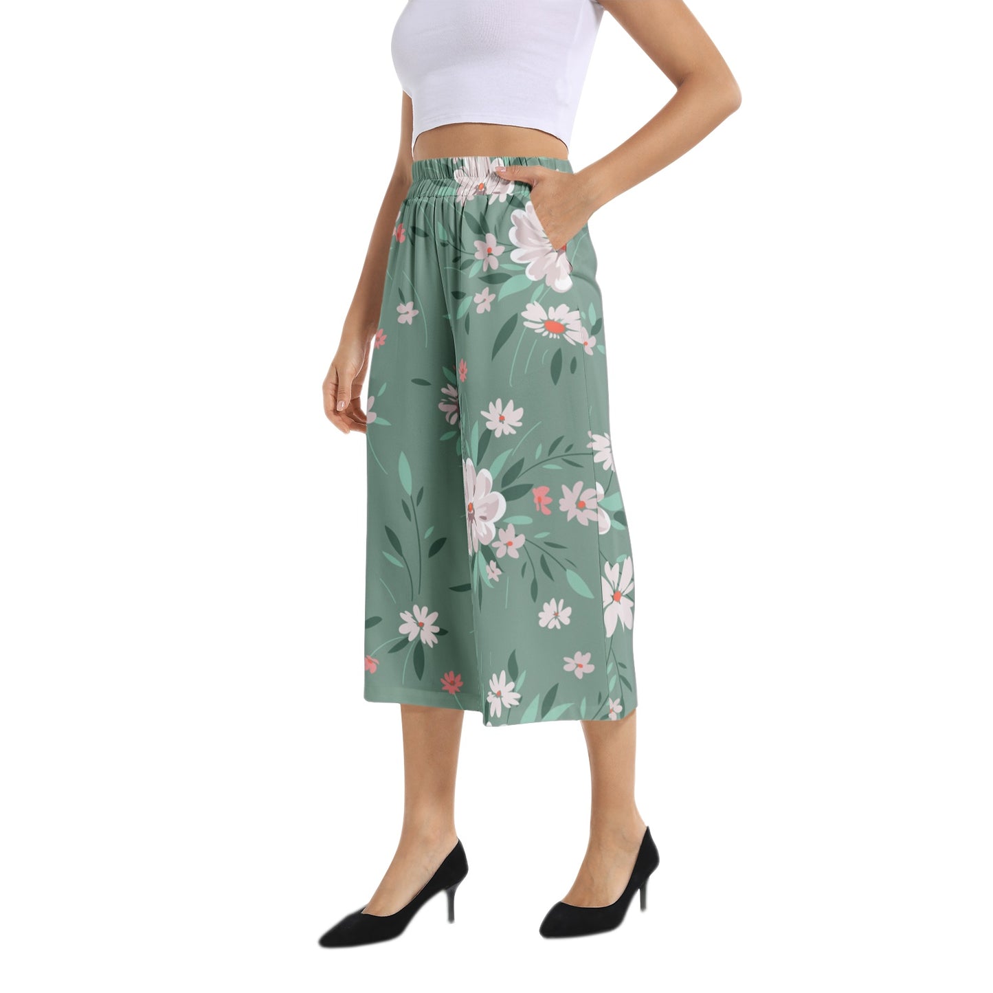 Elastic Waist Capris Wide Leg Pant