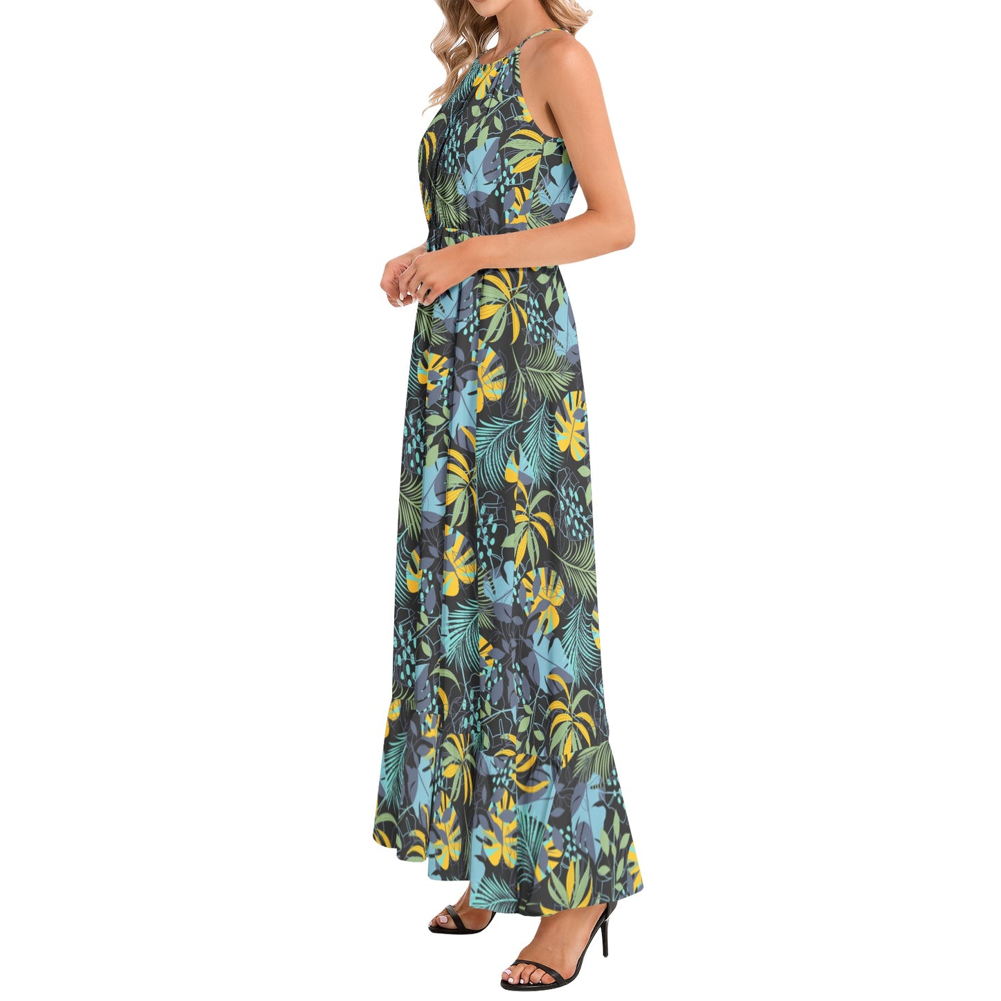 Ruffle Hem Halter Neck Maxi Dress