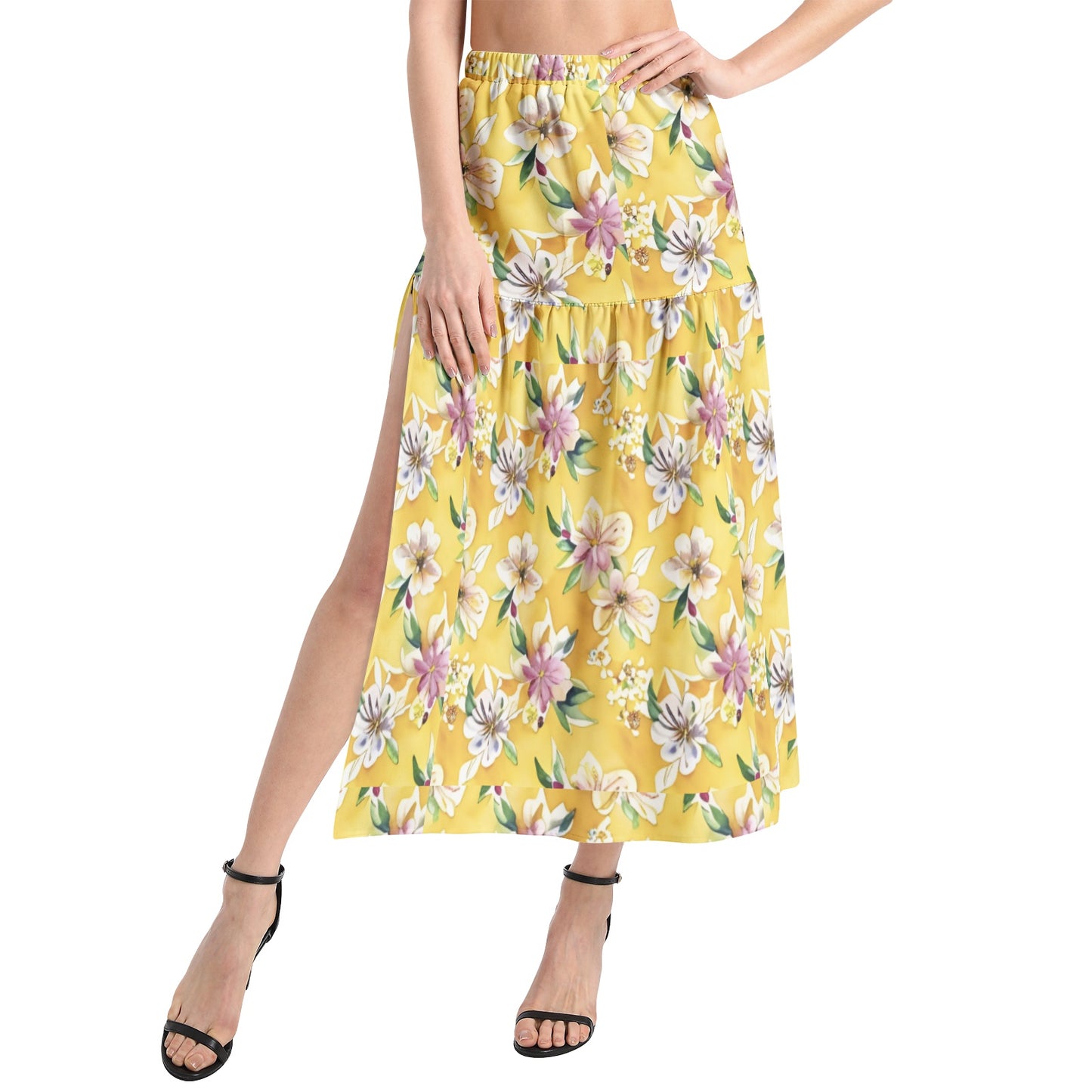 Elastic Waist Ruffle Slit Hem Skirt