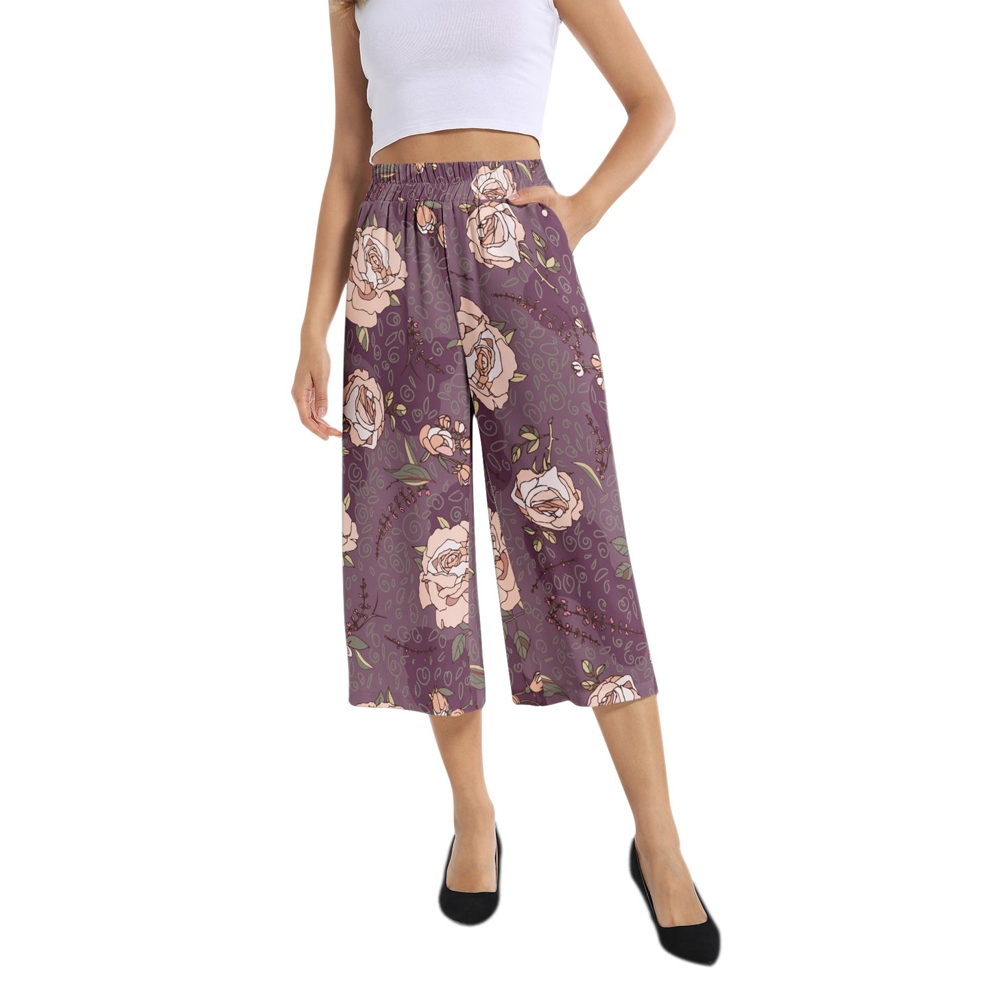 Elastic Waist Capris Wide Leg Pant