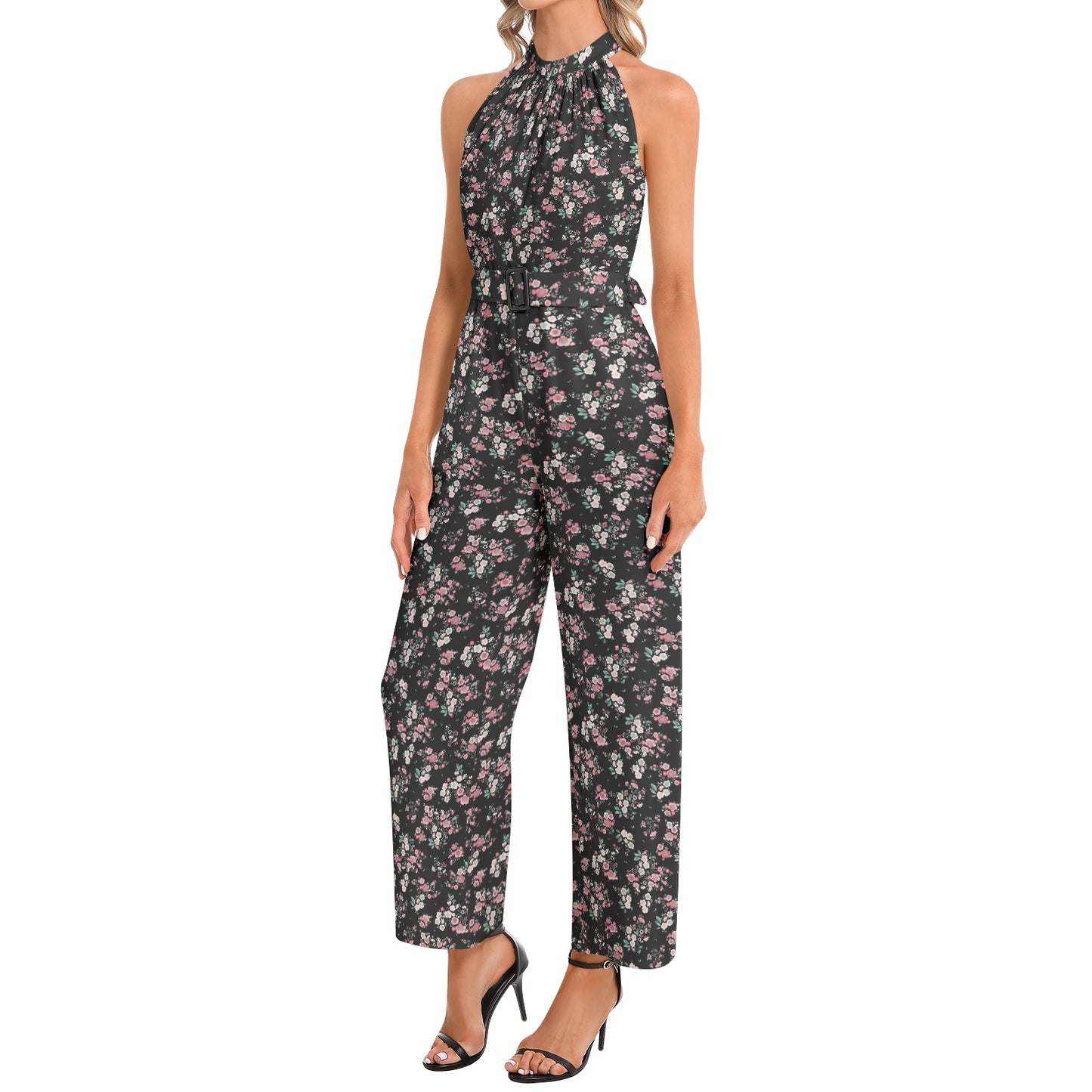 Halter Neck Buckle Belted Jumpsuit